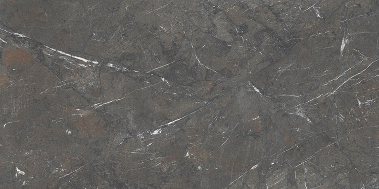 Feinsteinzeugfliese in Natursteinoptik Anthrazit mit weißer und brauner Marmorierung.