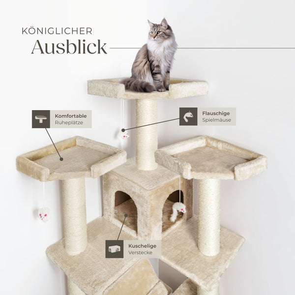 Kratzbaum tectake Knuti inklusive 2 Treppen, 4 Spielmäusen und Kippschutz 186 cm beige