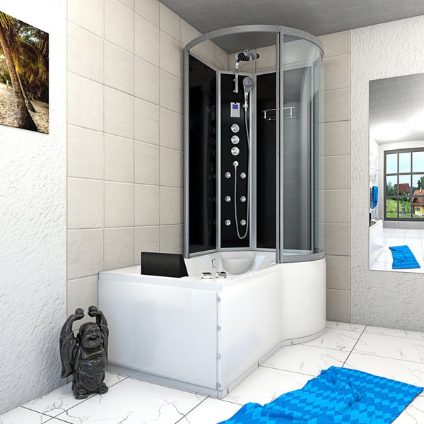 Dusch-Badewannen-Kombination mit Glas-Duschkabine, Regenduschkopf, Handbrause, Massagedüsen und digitalem Bedienfeld.