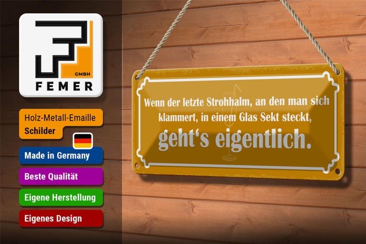 Blechschild Spruch 27x10cm Strohhalm in einem Glas Sekt Dekoration