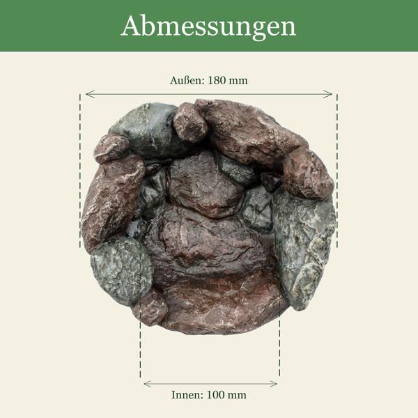 Abmessungen einer Terrarienschale in Felsoptik: Außen einhundertachtzig Millimeter, innen einhundert Millimeter.