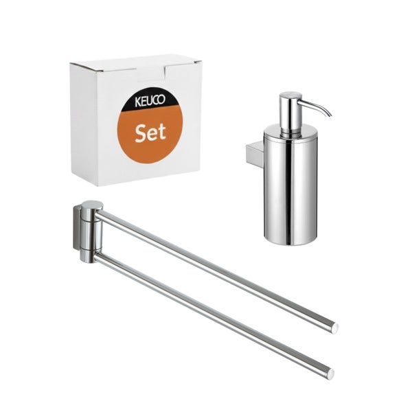 Keuco Badaccessoires Set bestehend aus einem schwenkbaren Handtuchhalter mit zwei Armen und einem Seifenspender zur Wandmontage aus Metall