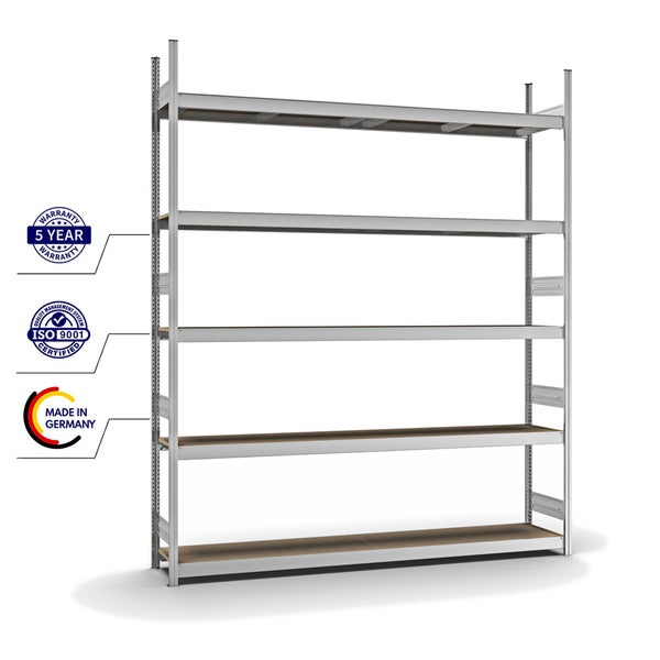 PROREGAL Weitspannregal Stecksystem T-Profil Grundregal HxBxT 300x250x40 cm 5 Ebenen Spanplatten Fachboden Fachlast 350 kg Verzinkt