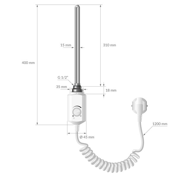 Elektrischer Heizstab mit Thermostat und Spiralkabel. Maße: Gesamtlänge 400 Millimeter, Stablänge 310 Millimeter, Kabellänge 1200 Millimeter.
