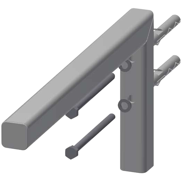 Wandhalterung aus Metall inklusive Befestigungsmaterial mit Schrauben, Dübeln und Unterlegscheiben.