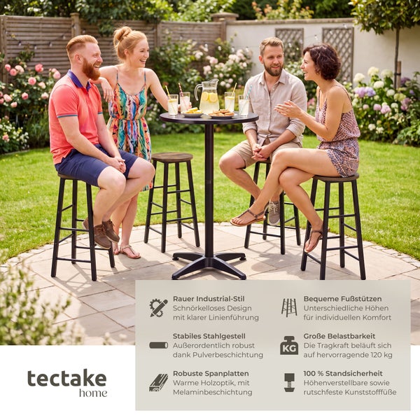 Vier Personen sitzen bei einem Getränk an einem runden Stehtisch mit Barhockern im Garten, Tectake Home Logo und Produktmerkmale im Bildbereich.