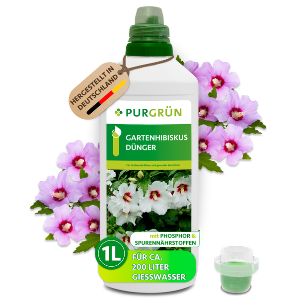 Purgrün Gartenhibiskus Dünger, 1 Liter Flasche für circa 200 Liter Gießwasser, hergestellt in Deutschland, mit Phosphor und Spurennährstoffen.