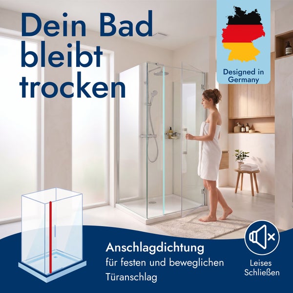 Glas-Duschkabine in hellem Bad mit Person. Mit Anschlagdichtung für Türanschlag und leisem Schließen. Entworfen in Deutschland.