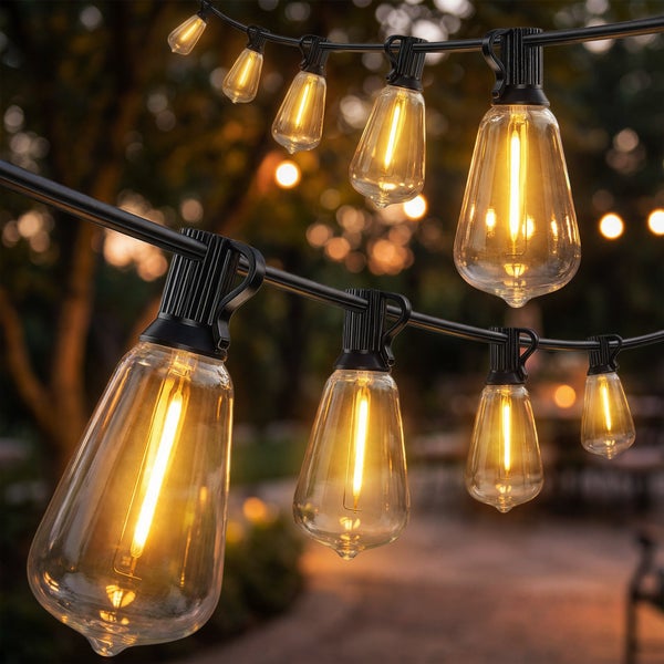 LED-Lichterkette für den Außenbereich mit hellen warmweißen Edison-Glühbirnen an einem schwarzen Kabel im Garten.