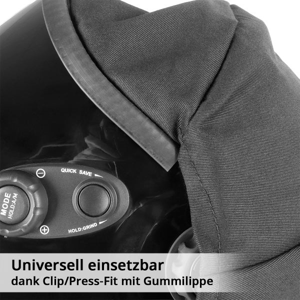 Detailansicht eines Schweißhelm-Bedienfelds mit Schutzhaube und Clip-Befestigung für universelle Anwendung.