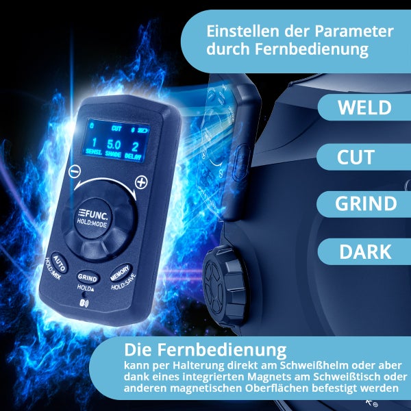 Fernbedienung zur Einstellung der Parameter eines Schweißhelms mit den Optionen Schweißen, Schneiden, Schleifen und Dunkel