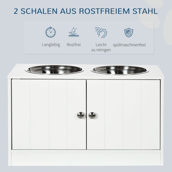 PawHut Hundenäpfe, Erhöhte Futterstation mit 2 Edelstahlschüsseln, Hundenapfständer mit 44L Stauraum, Magnettüren, Fressnapf, Wassernapf für große Hunde, Weiß