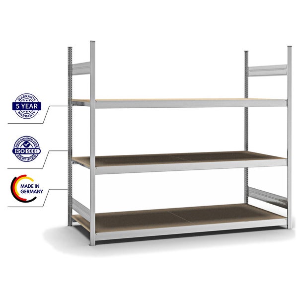 PROREGAL Weitspannregal Stecksystem T-Profil Grundregal HxBxT 200x225x80 cm 3 Ebenen Spanplatten Fachboden Fachlast 350 kg Verzinkt