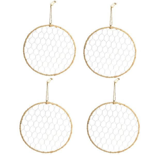 Vier runde Pflanzenringe mit Drahtgeflecht und Aufhängung