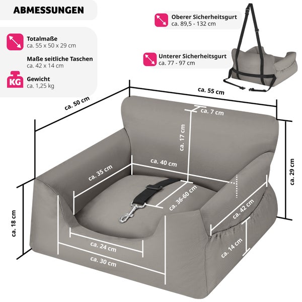 Hundeautositz tectake Milow 55 x 50 x 29 cm mit Sicherheitsleine und 2 Befestigungsgurten, längenverstellbar grau