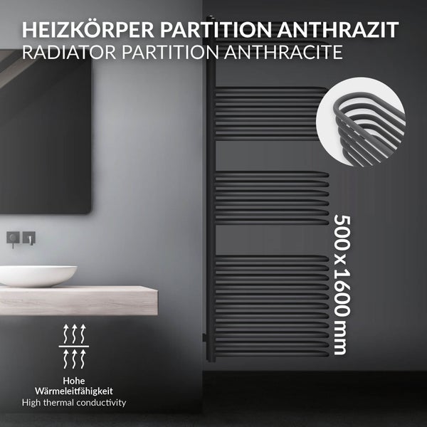 LuxeBath Badheizkörper 500 x 1600 mm, Anthrazit, Design Heizkörper für Badezimmer, Designheizkörper Handtuchtrockner Handtuchwärmer Handtuchheizkörper Handtuchhalter Handtuchheizung mit Montage-Set