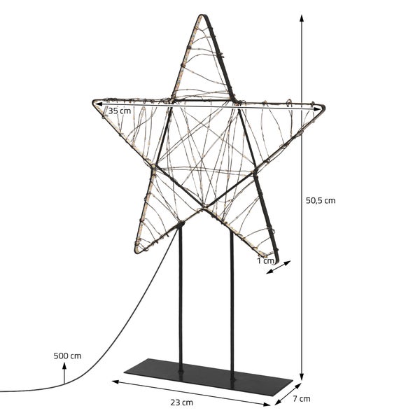 LED-Weihnachtsstern mit Standfuß für Innen- und Außenbereich, Maße 50,5 mal 35 Zentimeter, mit 500 Zentimeter Zuleitung.