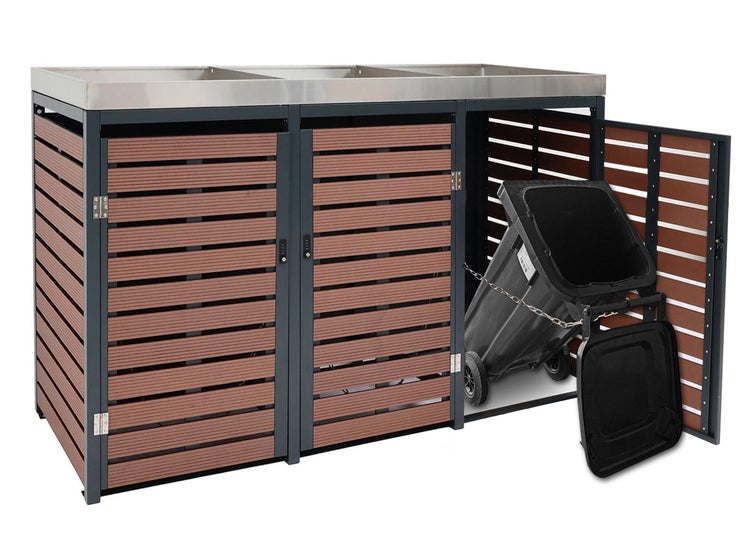 Mülltonnenbox mit drei Fächern, abschließbaren Türen und einer Mülltonne