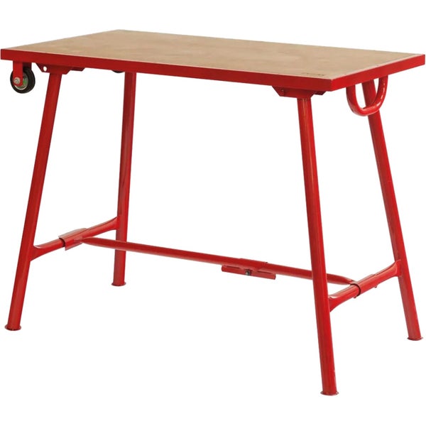 Werkbank mit rotem Gestell und Holzplatte