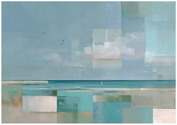 Abstraktes Gemälde einer Küstenlandschaft mit Strand, Meer, Vögeln und Wolken