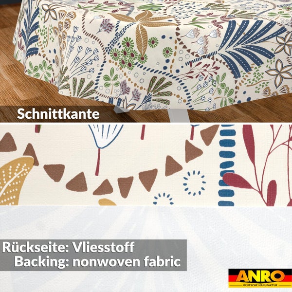 Rundes Wachstuch mit floralem Muster, Schnittkante, Rückseite aus Vliesstoff und ANRO Deutsche Manufaktur Logo.