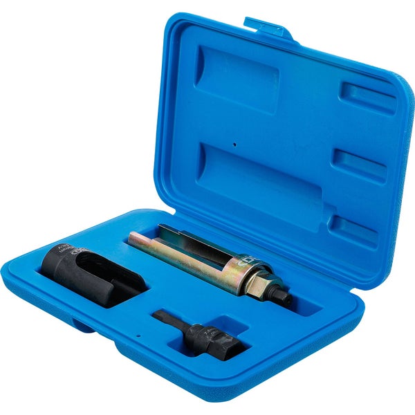 Werkzeugsatz zum Abziehen von Einspritzdüsen in einem blauen Koffer