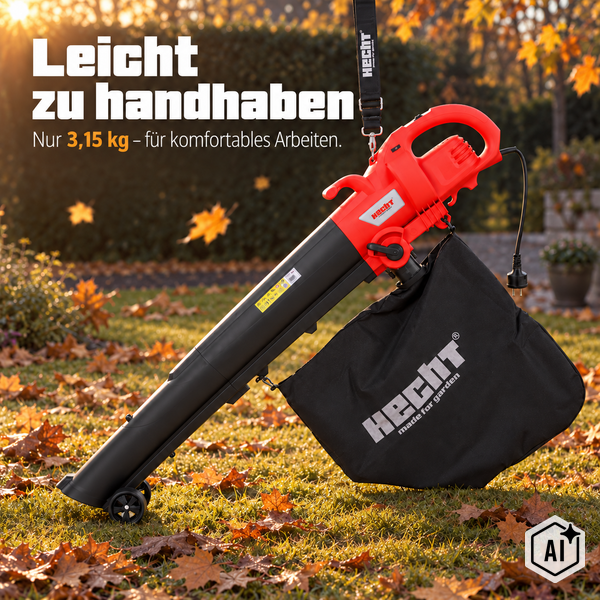 Elektrischer Laubbläser und Laubsauger von Hecht mit Fangsack und Laufrollen für den Garten bei herbstlichem Wetter.