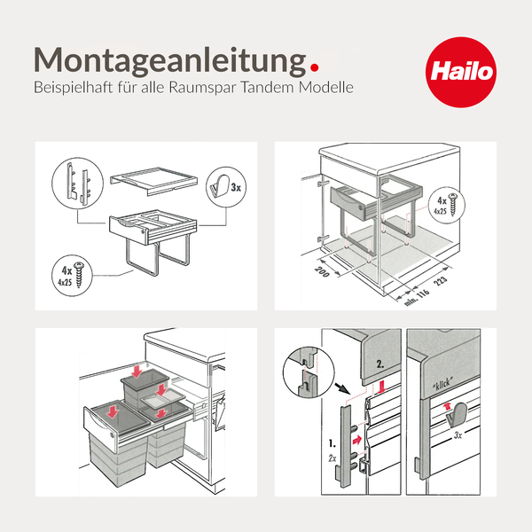 Montageanleitung für Hailo Raumspar Tandem Abfalltrennsysteme mit beispielhaften Diagrammen zur Installation im Küchenunterschrank.