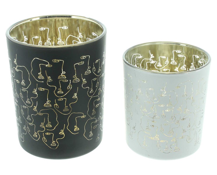 FRANK FLECHTWAREN | Windlicht Black & White, 2er Set, GLAS, 8 x 8 x 10 cm, 10 x 10 x 12 cm