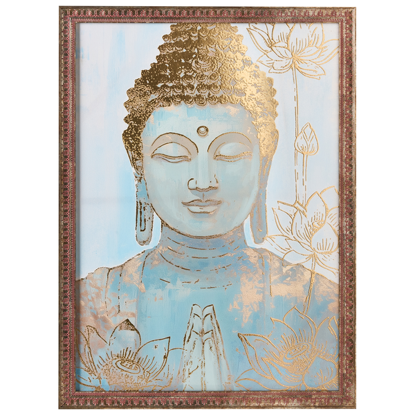 Wandbild Buddha mit Lotusblüten und Gold-Akzenten in verziertem Rahmen.