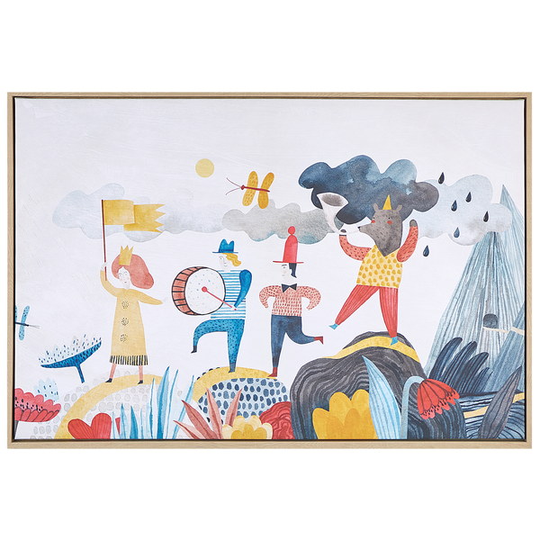 Gerahmtes Wandbild mit kindlicher Illustration von Figuren und Natur