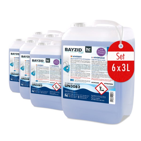 Sechs Kanister Bayzid Winterfit Überwinterungsmittel für Pools, Set 6 x 3 Liter
