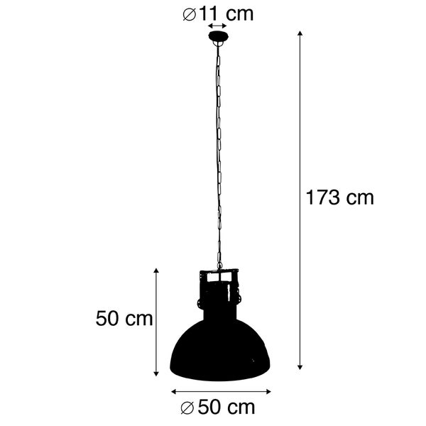 Maßskizze einer Pendelleuchte mit Angabe der Höhe von 173 Zentimeter sowie Leuchtenschirmhöhe und Durchmesser von jeweils 50 Zentimeter.