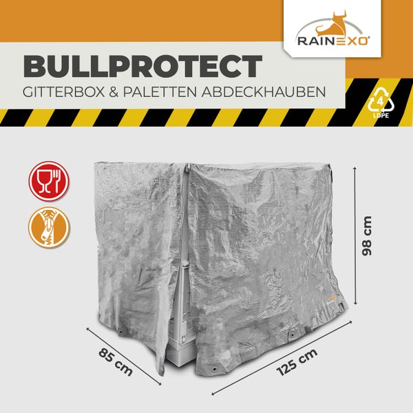 Rainexo Bullprotect Abdeckhaube für Gitterboxen und Paletten, Polyethylen, Reißverschluss, lebensmittelecht, 125 mal 85 mal 98 Zentimeter.