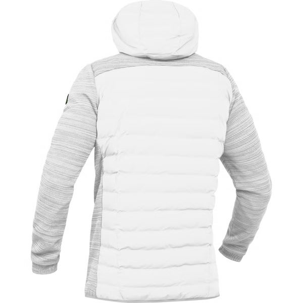 Weiße und graue Hybridjacke mit Kapuze und gestepptem Rückenteil in der Rückansicht.