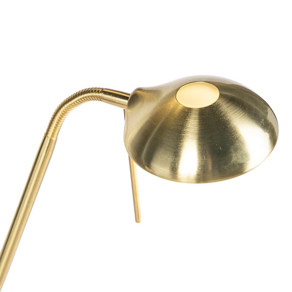 Nahaufnahme einer goldenen Schreibtischlampe mit flexiblem Arm.