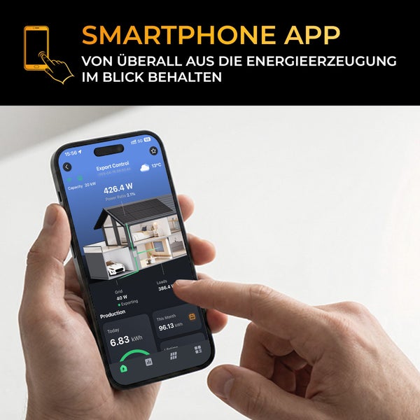Smartphone App zur Überwachung der Energieerzeugung einer Solaranlage mit Anzeige von Leistung in Watt und Verbrauch in Kilowattstunden.