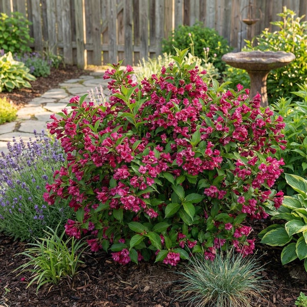 Blühende Weigelie mit pink-roten Blüten in einem Gartenbeet neben Lavendel und einem Steinweg.