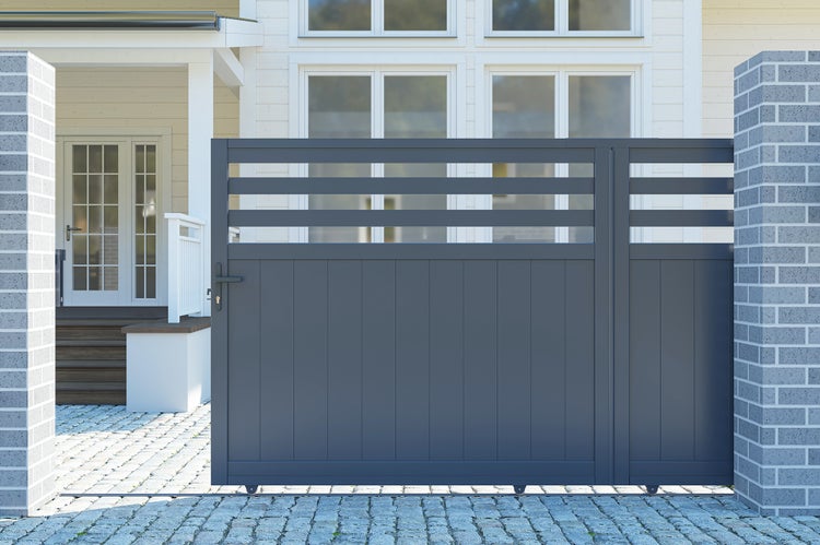 Schiebetor 3,7m NEVIS H.160cm graues Aluminium + 2 Pfosten 20x20cm H.190cm