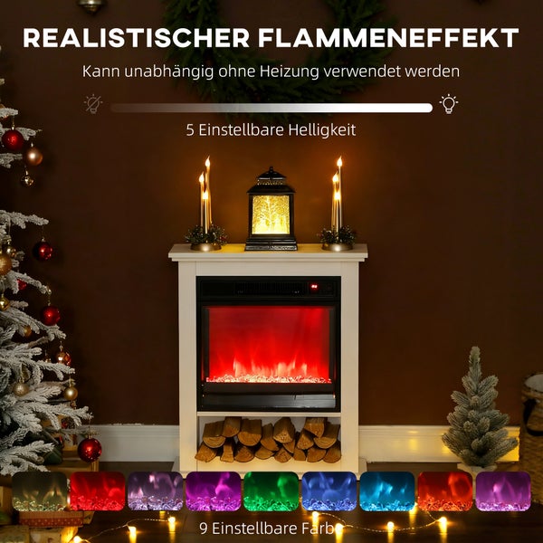 Elektrischer Kamin mit weißem Gehäuse, Holzfach und einstellbarem Flammen-Effekt in 9 Farben und 5 Helligkeitsstufen in weihnachtlicher Umgebung.