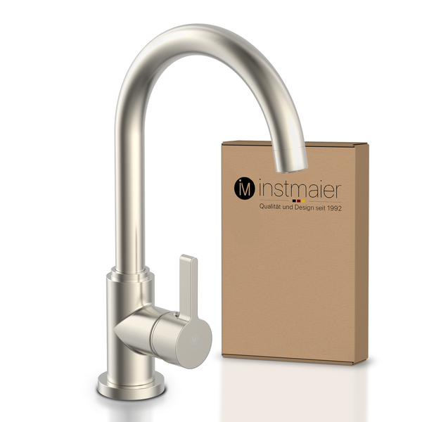 instmaier Küchenarmatur K3 | 360° schwenkbar | Wasserhahn Küche | Spültischarmatur Edelstahlfarben | Hoher Auslauf | mit Zentralverschraubung