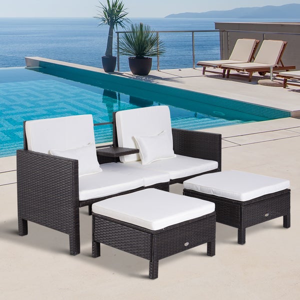 Outsunny 3-tlg. Gartensofa, 2er-Sofa, 2 x Hocker Kissen, L162 x B65 x H86 cm, Polyrattan + Metall, Braun