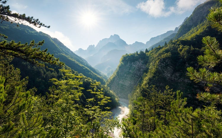 Landschaft mit Bergen, Bäumen und Fluss im Tal