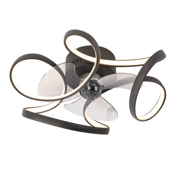 Moderner schwarzer Deckenventilator mit geschwungenen LED-Leuchten und transparenten Flügeln