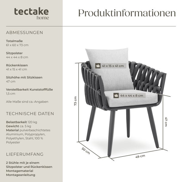2er Set Stuhl tectake Lugano höhenverstellbare Kunststofffüße, 61 x 60 x 73 cm  mit Aluminiumgestellen anthrazit