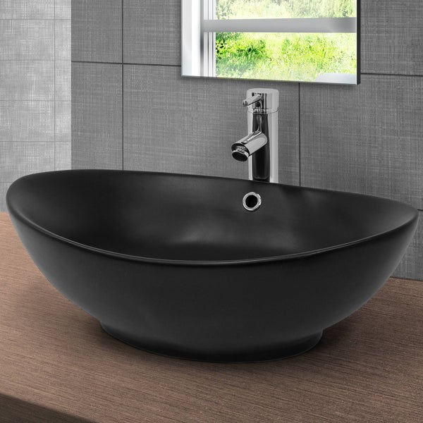 ML-Design Waschbecken Keramik Schwarz Matt 59x38x19 cm inkl. Ablaufgarnitur mit Überlauf, Ovale Aufsatzwaschbecken, Moderne Waschtisch, Waschschale Waschplatz Handwaschbecken für Badezimmer/Gäste-WC
