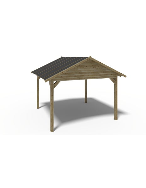 Freistehender Einzelcarport aus Holz mit Satteldach und dunklen Dachplatten.