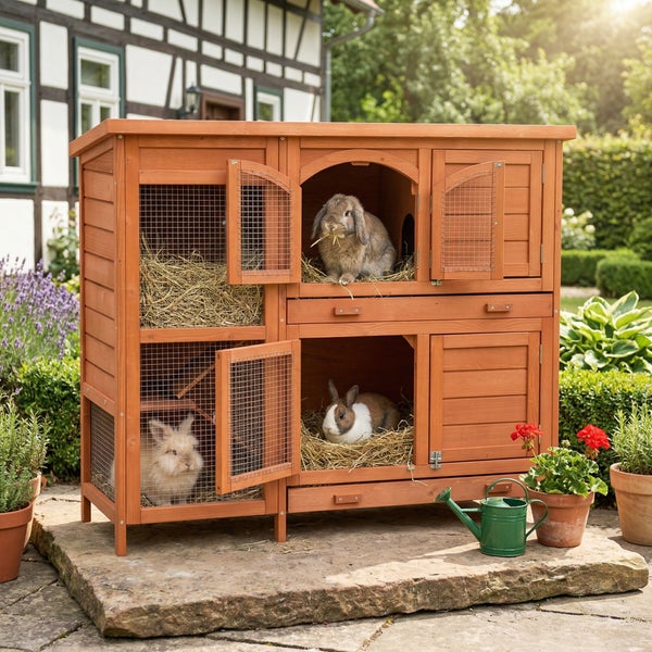 Zweistöckiger Kaninchenstall aus Holz mit mehreren Abteilen, Drahtgittertüren und Reinigungsschubladen im Garten.
