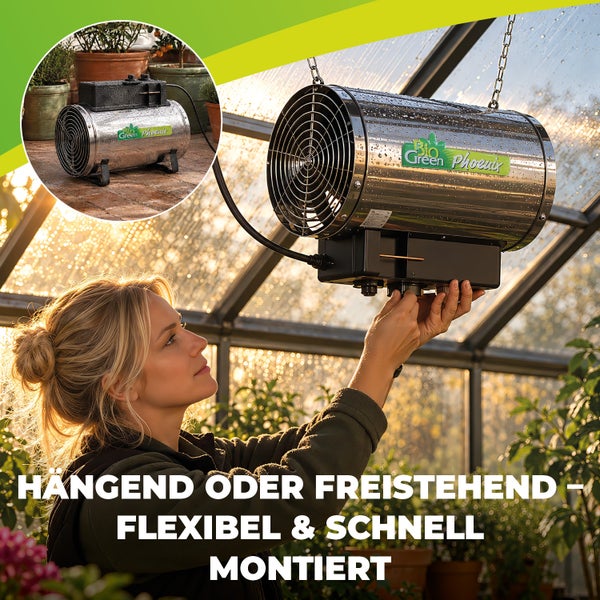 Bio Green Phoenix Gewächshausheizung, aus Edelstahl, hängend oder freistehend verwendbar, für effiziente Wärmeverteilung im Gewächshaus.