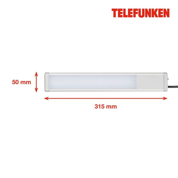 Telefunken Unterbauleuchte mit einer Länge von 315 Millimetern und einer Höhe von 50 Millimetern. Telefunken Logo.